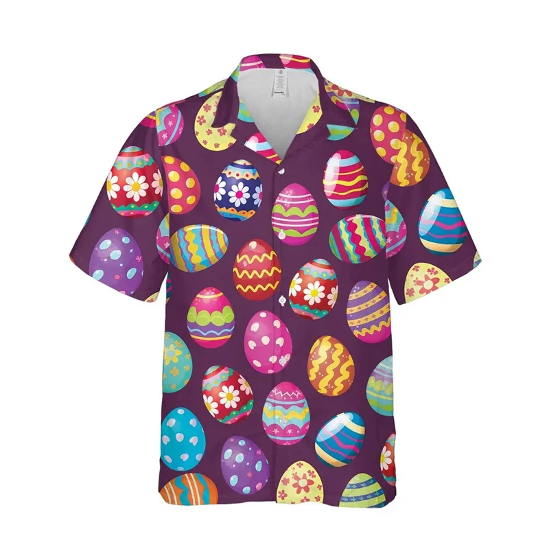 Happy Easter Day Shirts For Men 3D Print Egg Graphic Casual Hawaiian Beach Shirt Cartoon Cute Rabbit Button Blouses Tops