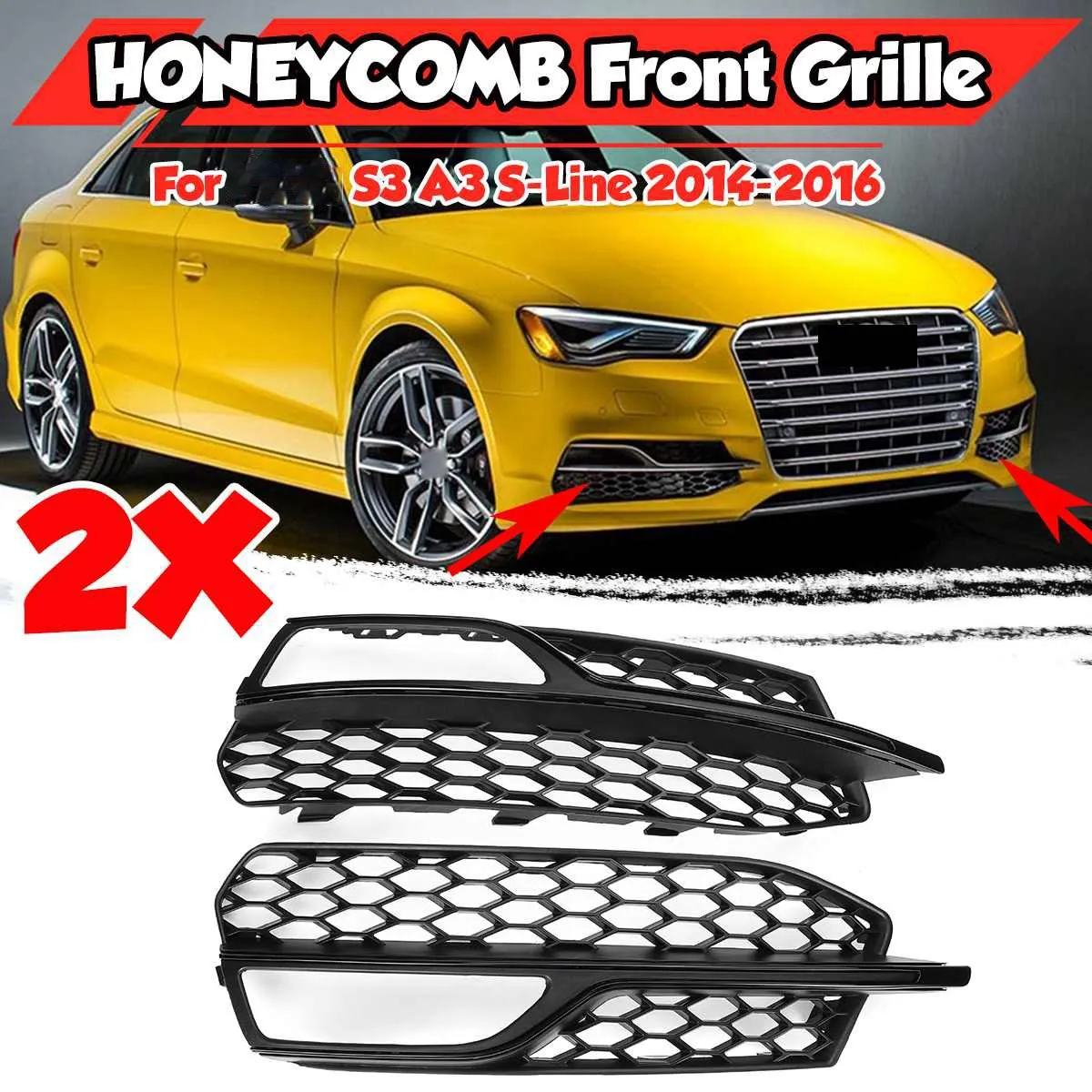 Car Front Bumper Fog Light Lamp Grille Cover Honeycomb Mesh Style for- S3 A3 S-Lines 14-16 8V3807682L 8V3807682G