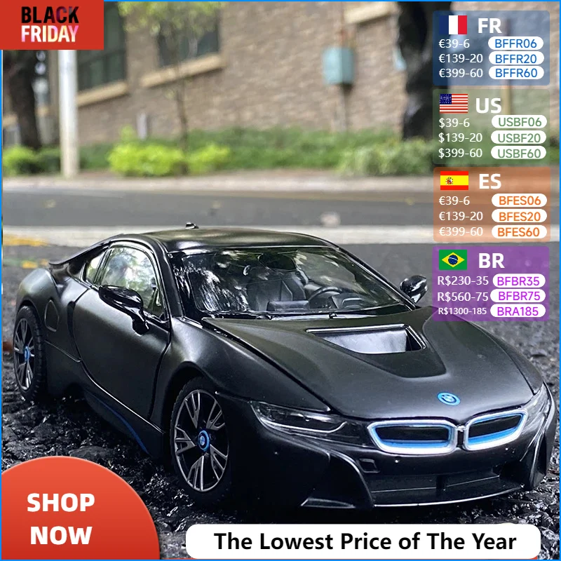 KaKBeir 1:24 BMW I8 Black Car Alloy Car Model Simulation Car Decoration Collection Gift Toy Die Casting Model Boy Toy