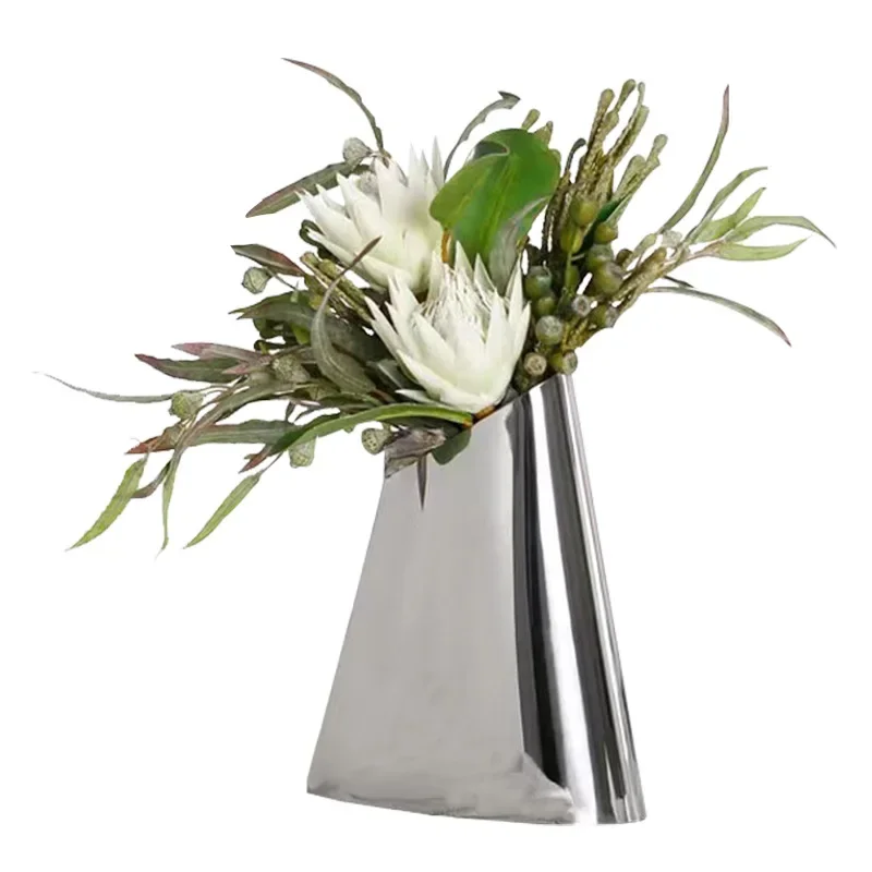 Silver Metal Vase Beveled Trapezoidal Metal Handicrafts Flower Arrangement Accessories Flower Pot Home Decoration Accessories