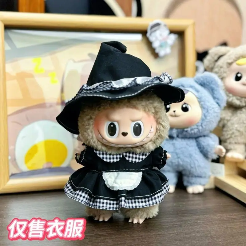 New Hot Monsters Labubu Black Check Lace Dress Pendant Have A Seat Labubu Clothes Macarons Vinyl Doll Cap Outfit  Accessories