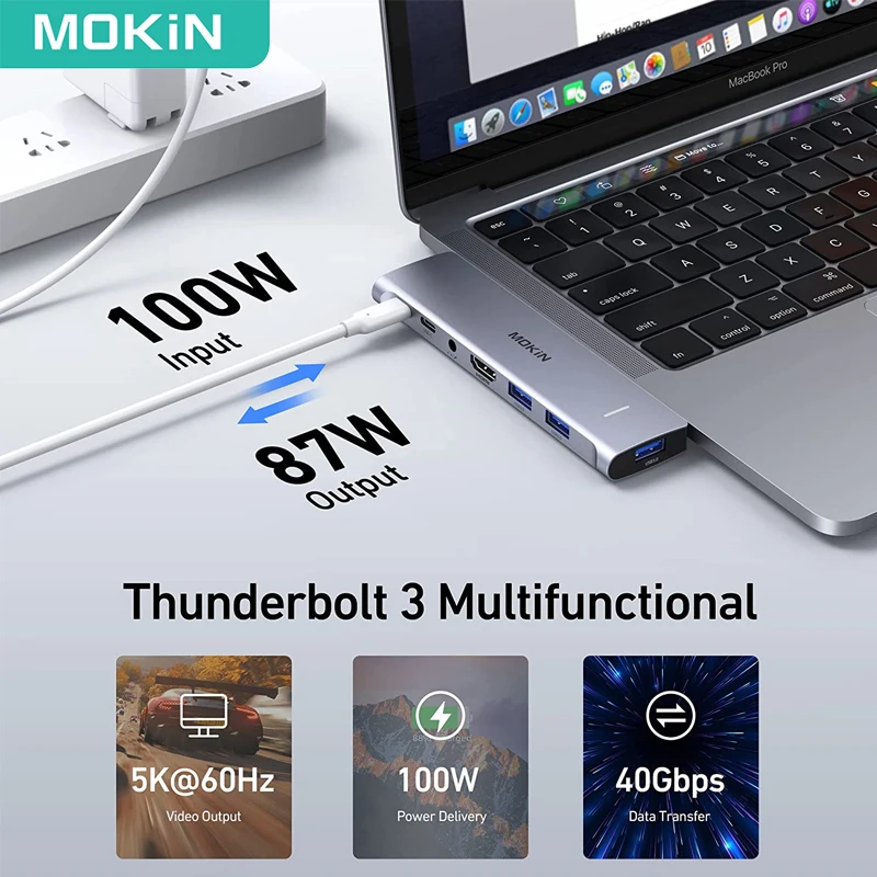 Imagem -02 - Adaptador Mokn-usb c para Macbook Pro 4k Hdmi 60hz Usb c 3.0 sd tf pd 100w Thunderbolt Hub Video Acessórios para Computador