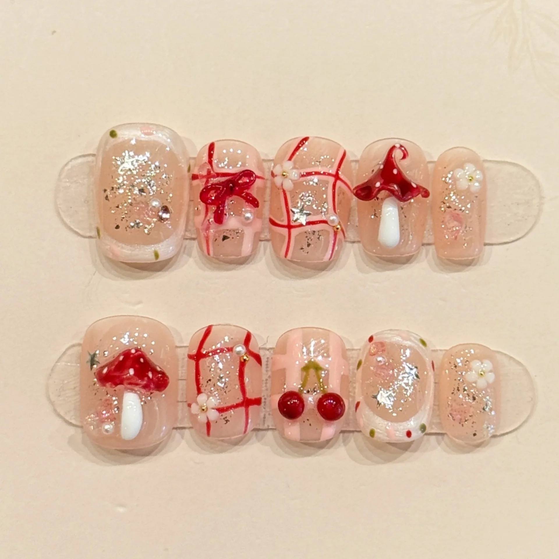 

10pcs Bow Design Handmade False Nails Tips Cute Red Short Square Round Fake Nail Art Flower Mushroom Pattern Press on Nails Sets