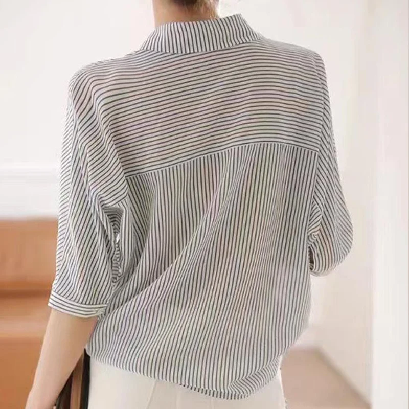 Summer New Casual Loose Striped Short Sleeved Shirt Versatile Temperament Vintage Elegant Fashion Young Style Popular Lady\'s Top