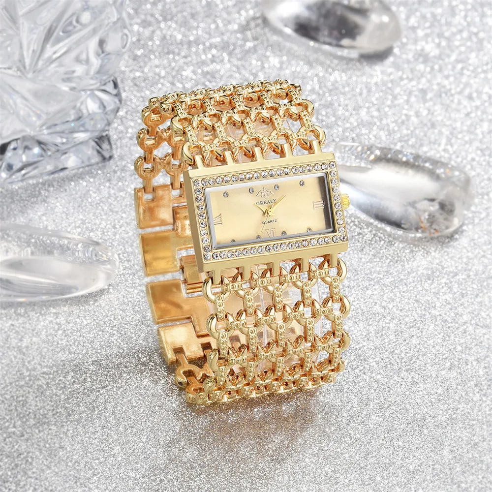 Luxury Ladies Simple Diamond Set Square Bracelet Quartz Watches Fashion Gold Stainless Steel Skeleton Women Clock Dress Watch