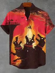 Men's new retro linen short sleeved shirt with giant monster pattern printed casual and comfortable button top
