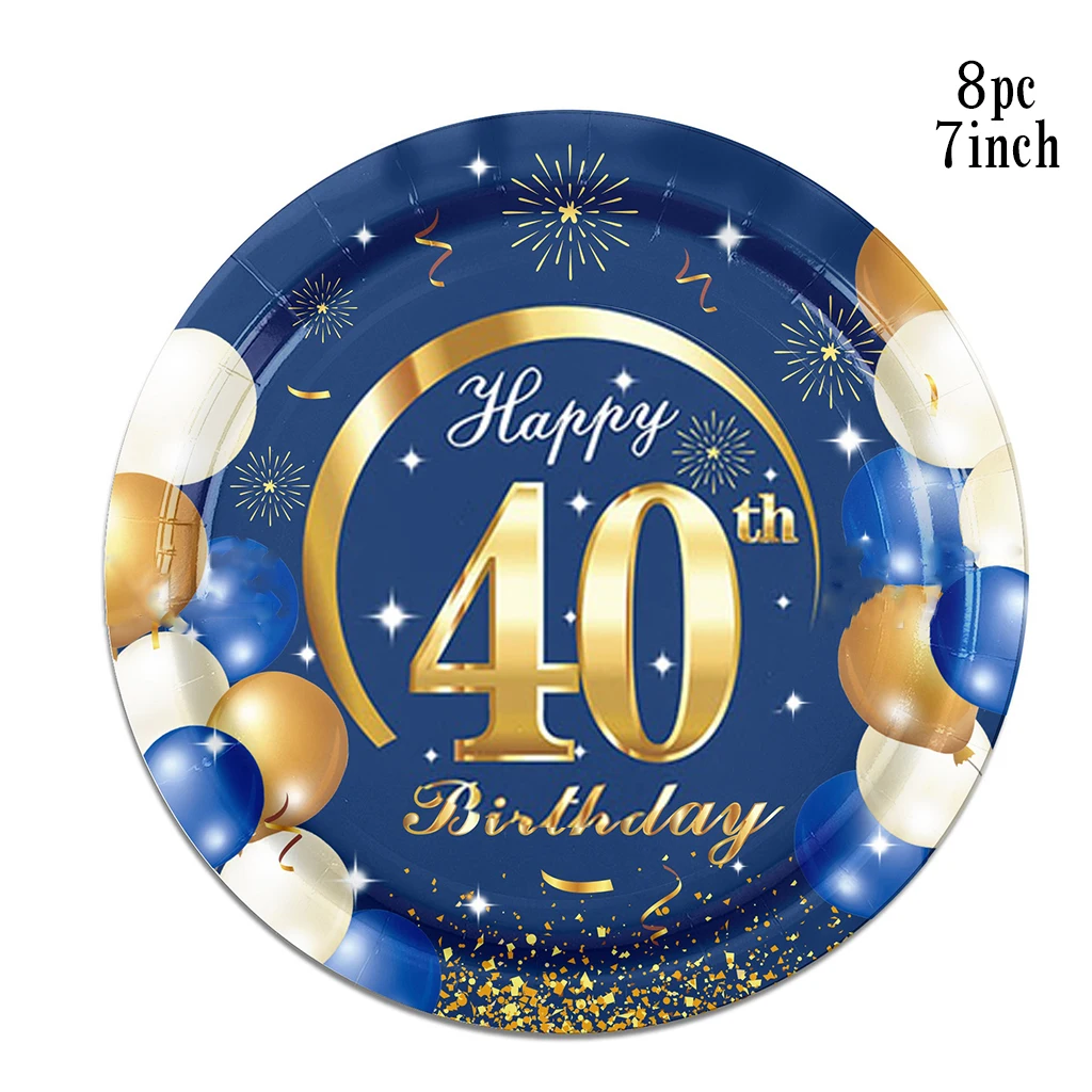 8Guests Blue Gold Happy 40th Birthday Disposable Tableware Cheer Balloon 40 Paper Plate Napkin Adult 40 Year Old Birthday Decor