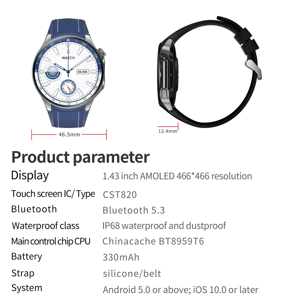 1.43 "AMOLED นาฬิกาอัจฉริยะสำหรับผู้ชาย, นาฬิกาอัจฉริยะสำหรับออกกำลังกายกันน้ำสำหรับผู้หญิงหน้าจอสีน้ำเงินมีเข็มทิศสำหรับผู้ชายอัตราการเต้นของหัวใจ NFC