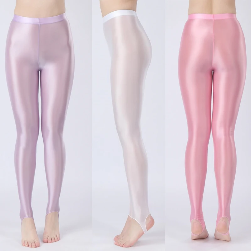 Sexy Women Thin Sheer See Through Pants Large Elastic Tight Silk Shiny Hip Lifting Oil Glossy Candy Color Yoga Shaping Leggings