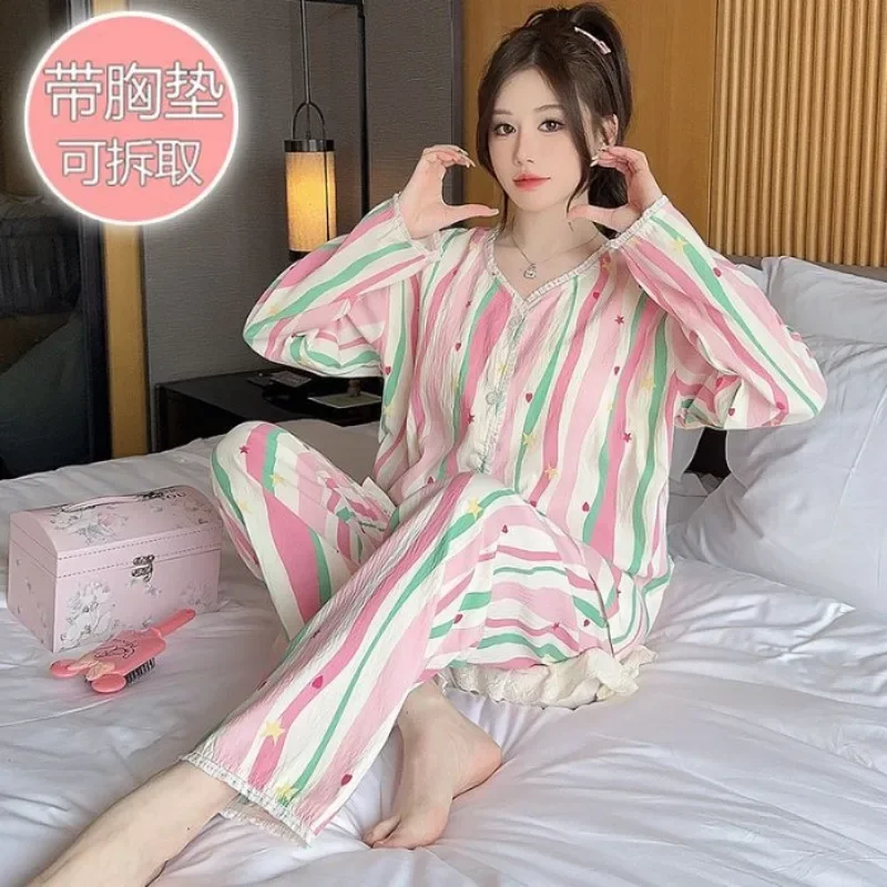 5XL Pigiama primaverile con stampa di grandi dimensioni Donna Coreano Nuvola Cotone Sleepwearl Maniche lunghe Pettorina Cardigan Pantaloni Abbigliamento esterno