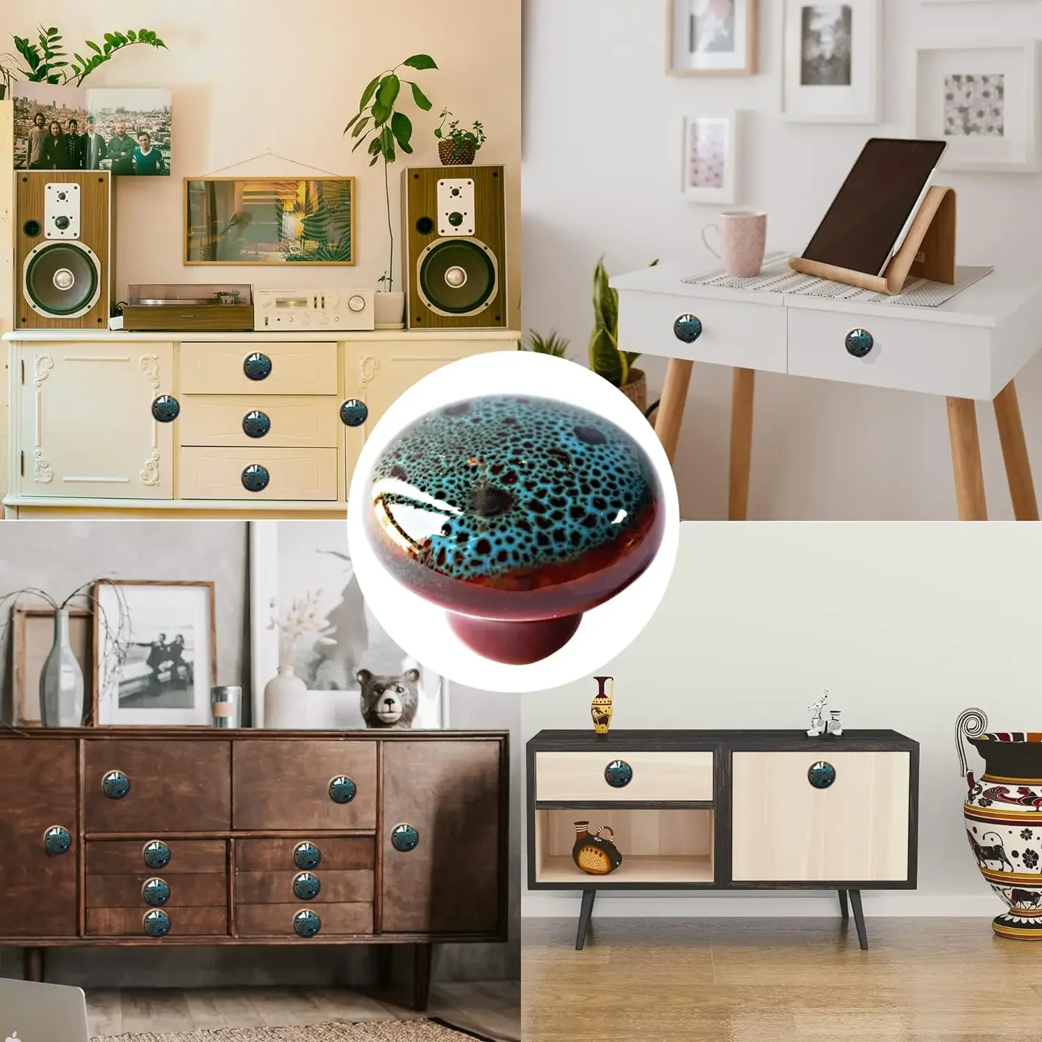 Vintage Blue Cabinet Knobs Glazed Ceramic Round Knobs for Dresser Drawer, Antique Drawer Pull for Home Decor Door Handles