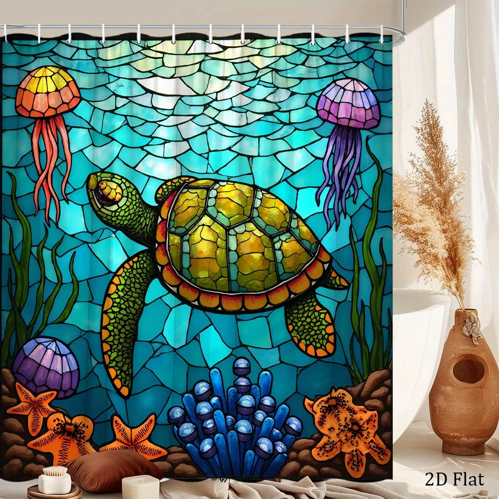1pc a Shower Curtain Featuring a Sea Turtle in a Stained Glass Design, Adorned with Vibrant Marine Creatures Like Jellyfish And
