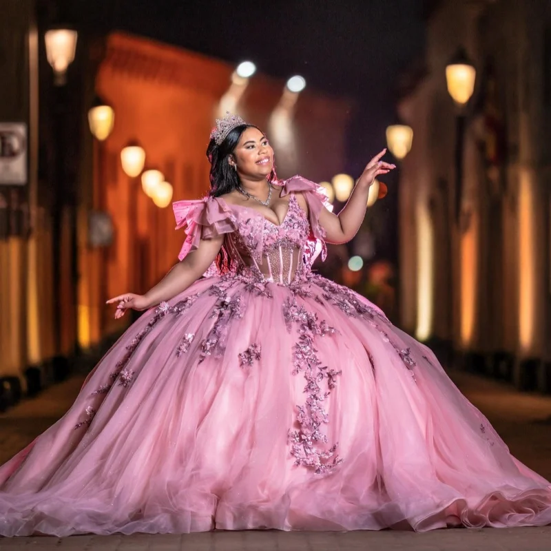 

Pink Quinceanera Dress off-shoulder Glitter Crystal 3D Flower Decal Long tail Big Bow vestidos de 15 Quinceanera ﻿Customize