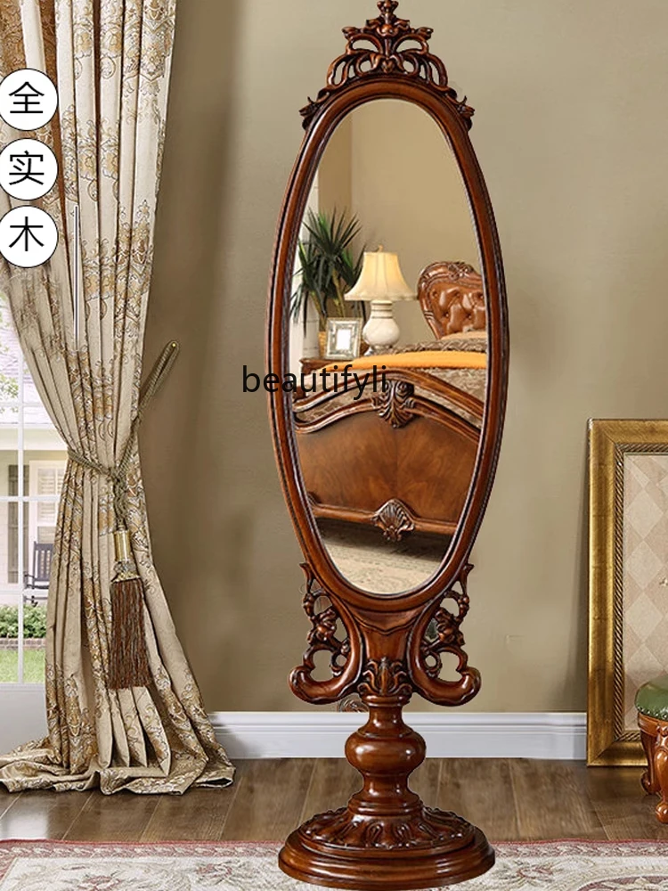 European-Style Dressing Mirror Pure Solid Wood Full-Length Mirror Living Room American Retro Floor Mirror Double-Sided