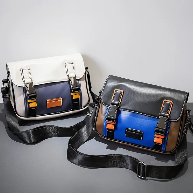 

Pu leather men's lockup flip shoulder bag, color-blocking retro horizontal postman crossbody bag, men's back crossbody bag