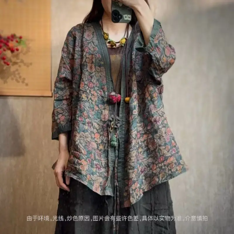 New Arrival Summer Arts Style Women 3/4 Sleeve Loose V-neck Jackets High Quality Vintage Print Cotton Linen Open Stitch Coats