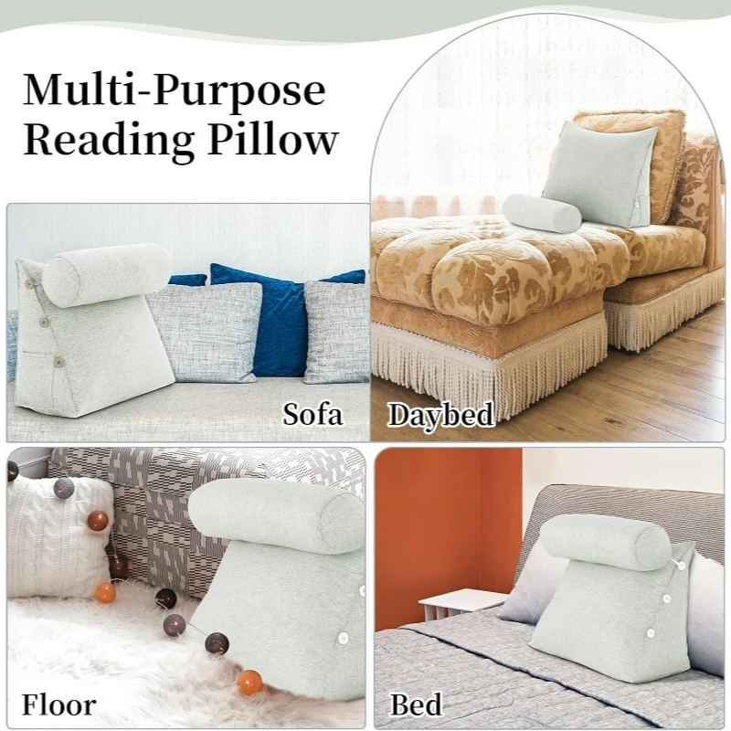 Premium Faux Linen Triangle Wedge Pillow Memory Foam Backrest Cushion Removable Washable Lumbar Support for Bed Sofa Bay Window