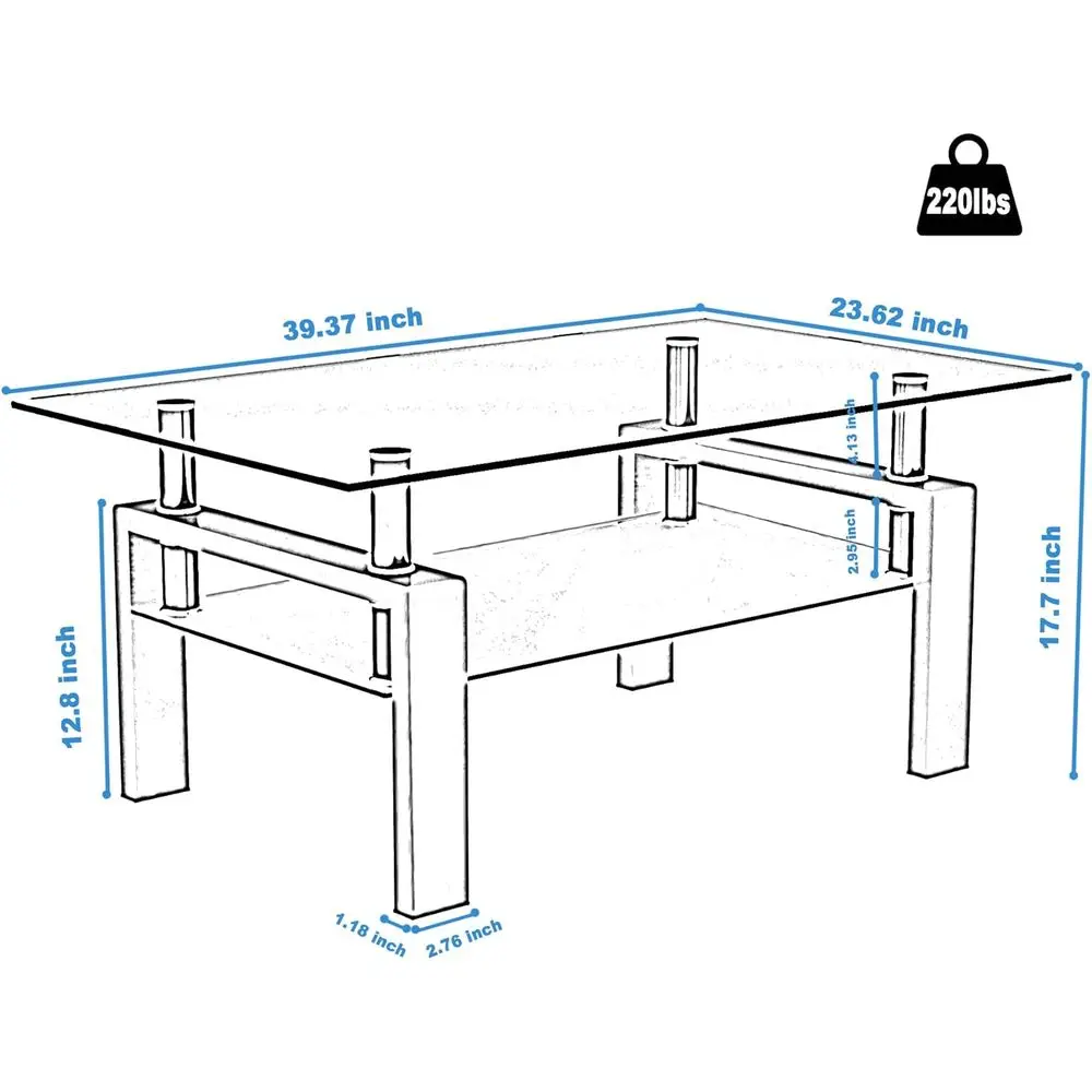 Modern Rectangular Tempered Glass Coffee Table with White Metal Frame for Living Room