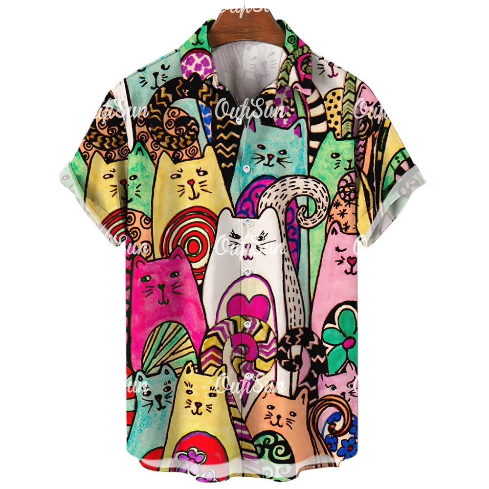 2023 Anime Cartoon Men\'s Shirt 3D Printed Animal Cat Oversized Men\'s Shirt Casual Short Sleeve Daily Hawaiian Shirt Tops Summer