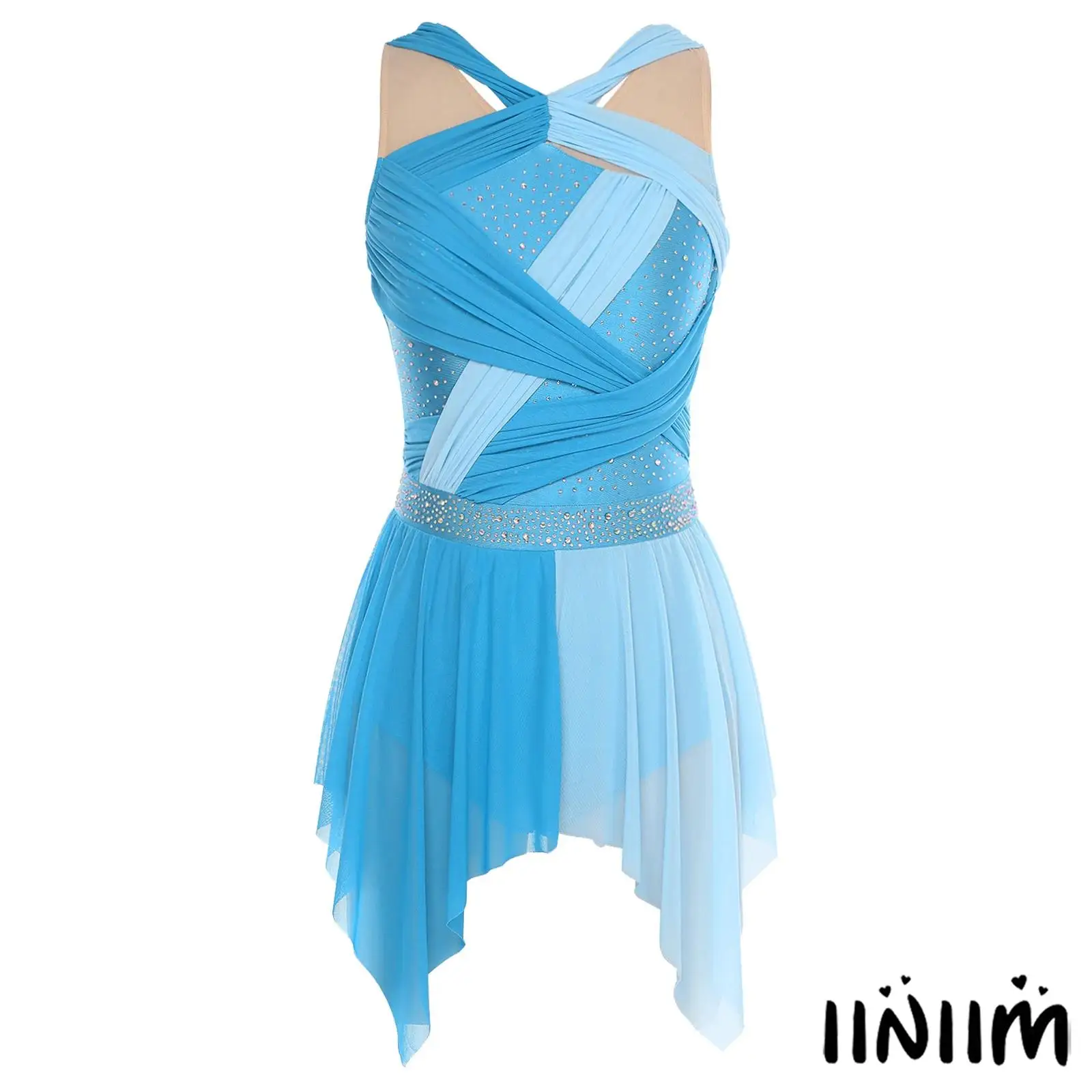 Robe de danse contemporaine scintillante pour femmes, justaucorps en strass avec nœud froncé, ourlet irrégulier pour scène lyrique