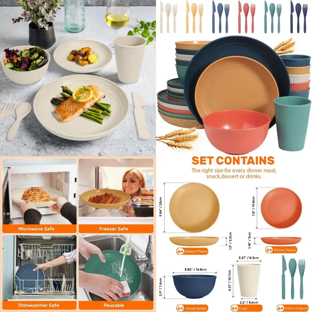 

6-Person Unbreakable Dinnerware Set: 42-Piece Multicolor Autumn Plastic Plates & Bowls for Outdoors, Dishwasher and Microwave Sa