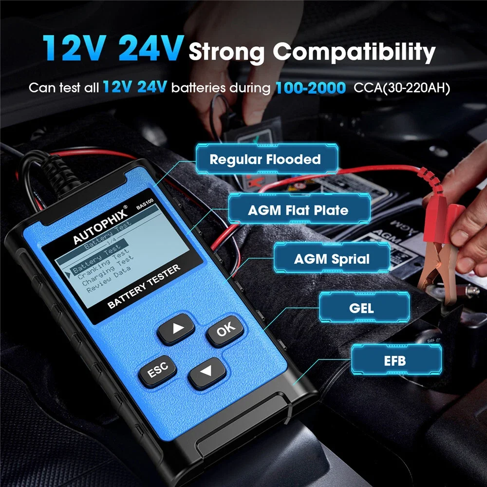 AUTOPHIX BAS100 Digital 12V 24V Battery Analyzer 100-1100CCA Battery Health/Load/Cranking/Charging Test Automotive Diagnostic