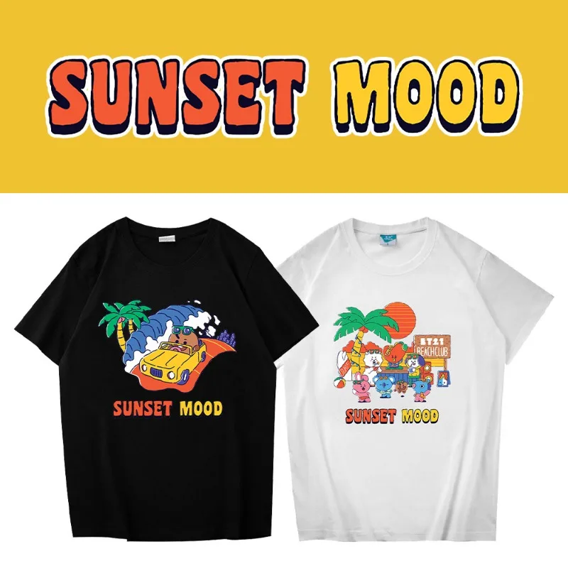 BT21 Серия «Закатный настроение» с круглым вырезом и короткими рукавами Tata Черный Белый Простой Повседневный Моторошный мультяшный принт Пара Нейтральный топ Подарок