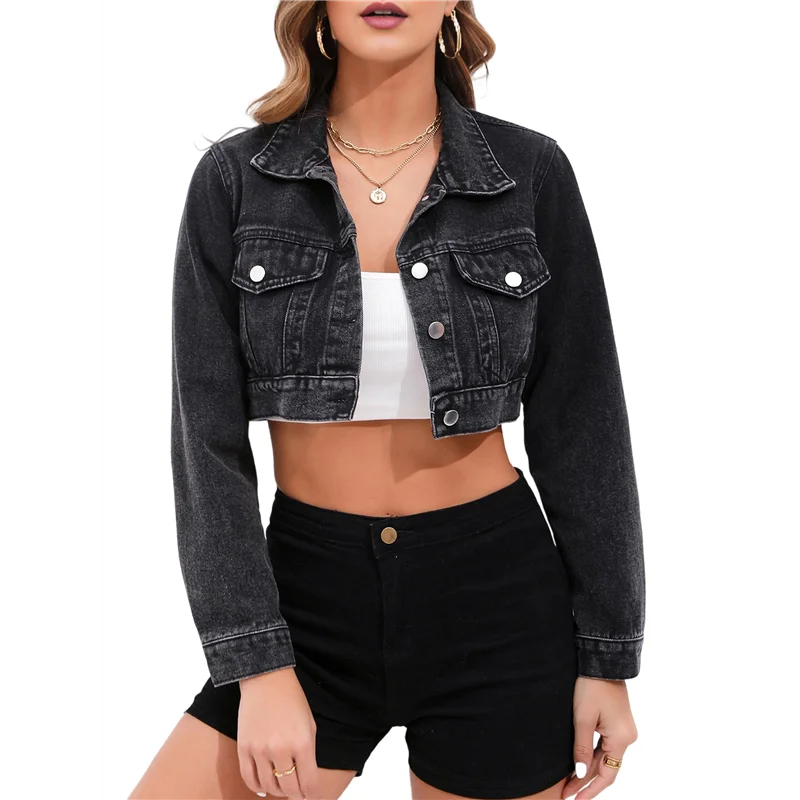 

ABGR-Women's Casual Fashion Lapel Long Sleeve Short Denim Jacket