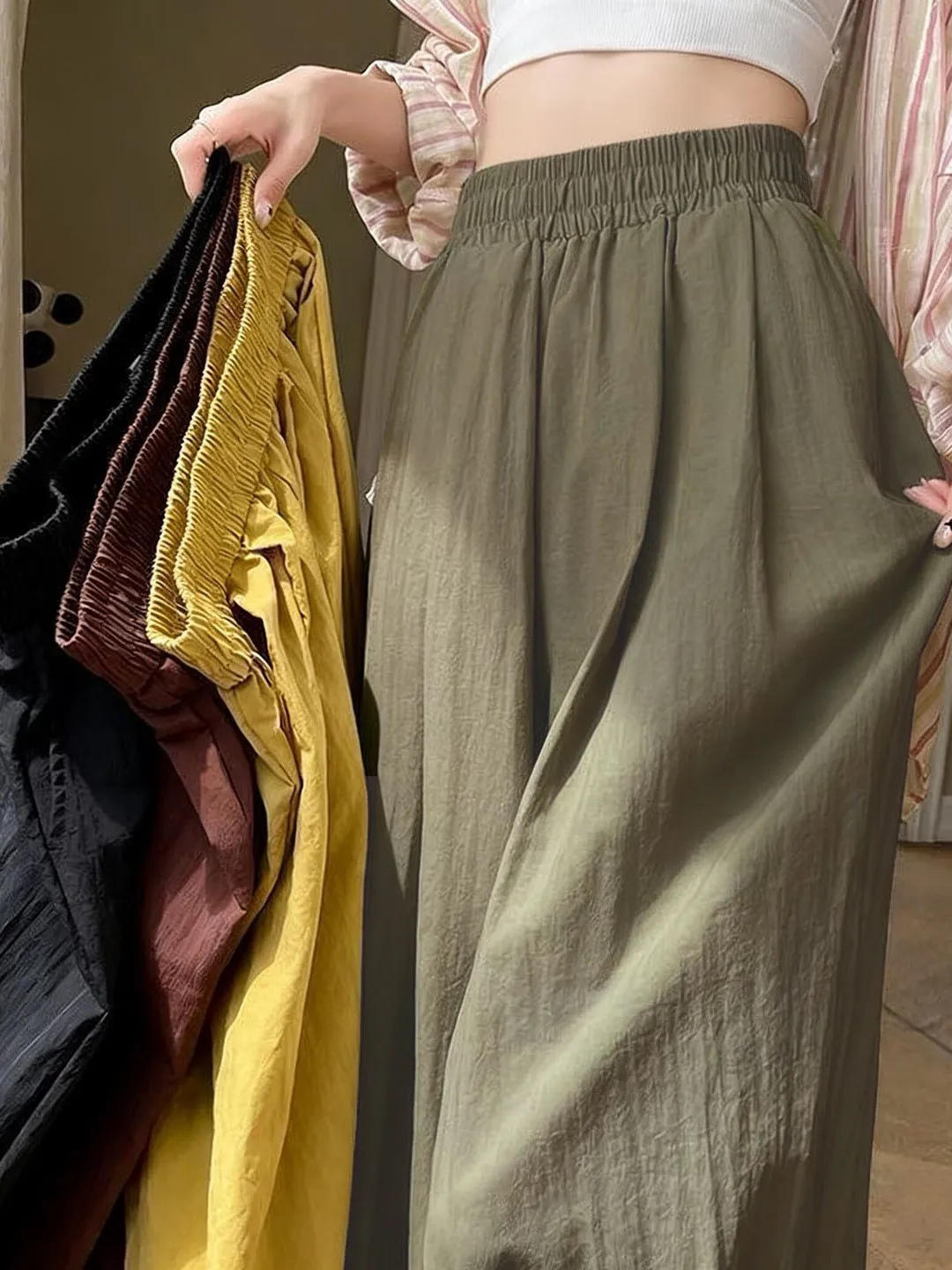 Pure Color Ice Silk Lantern Pants Women's Spring Summer New Small Size Straight Leg Wide Leg Trousers Cuffed Sweatpants Thin
