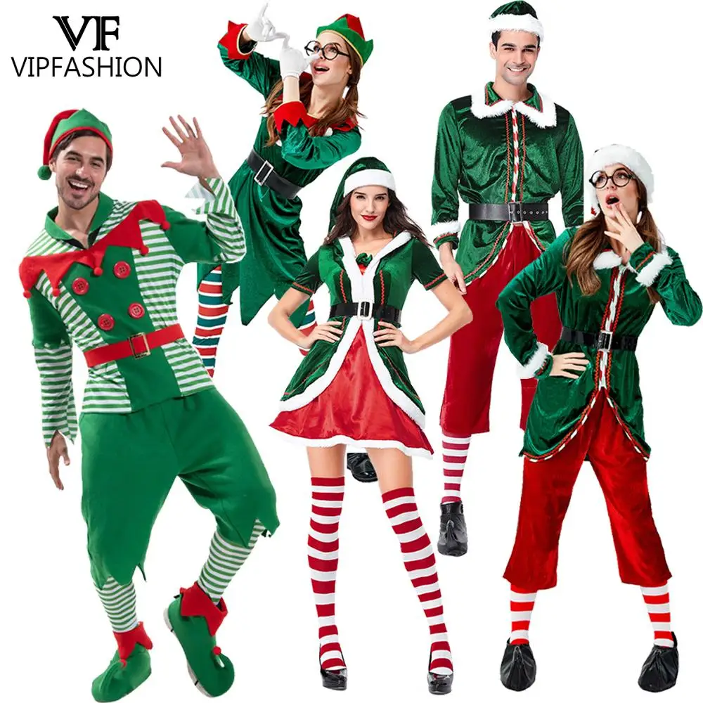 

VIP FASHION Merry Christmas Elf Costume Adult Cosplay Outfit Fancy Disguise Clothes Carnival Green Print Party Set Xmas Gifts