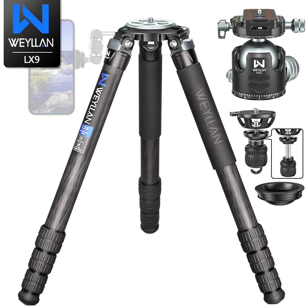 

WEYLLAN LX9 Professional Heavy Carbon Fiber Camera Tripod Ultra Stable Birdwatching Camera Stand 40mm Tube 40kgLoad 75mm Adapter