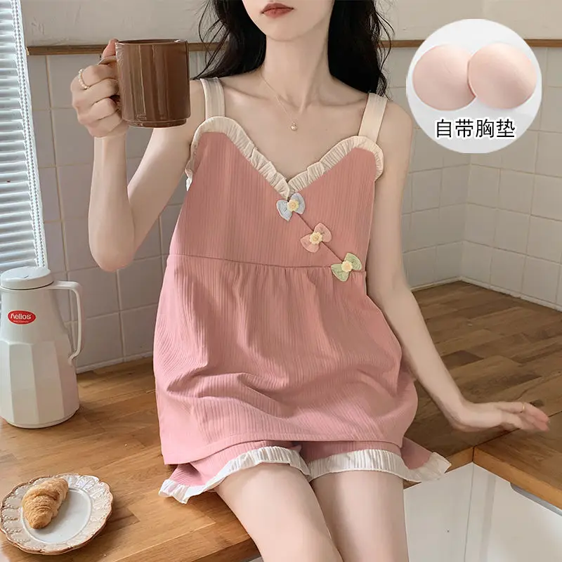 

Женские пижамные комплекты с бантом для дома, летняя однотонная одежда для сна без рукавов, 2 предмета, ночная одежда с V-образным вырезом и подкладкой, корейский домашний костюм, новинка 2024