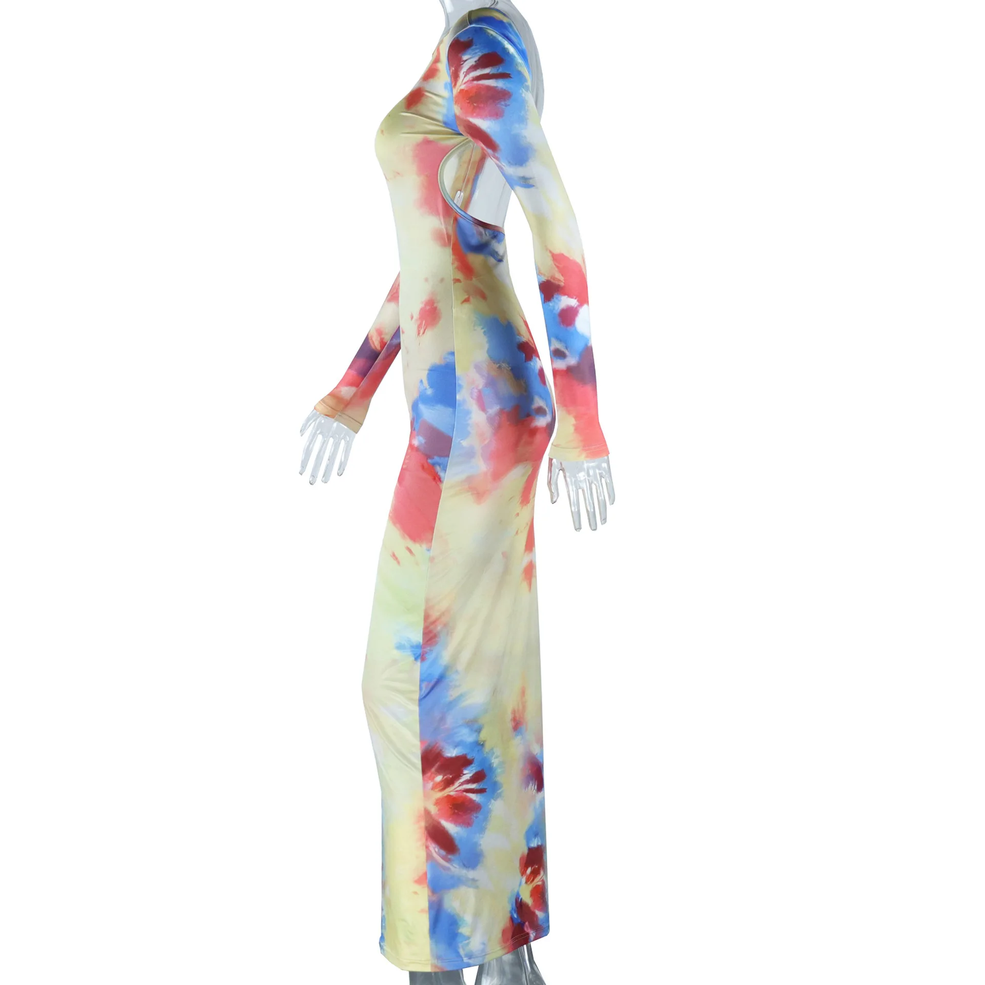 

Ladies' fashionable and elegant backless tight fitting long skirt, painted and color blocked long sleeved pullover