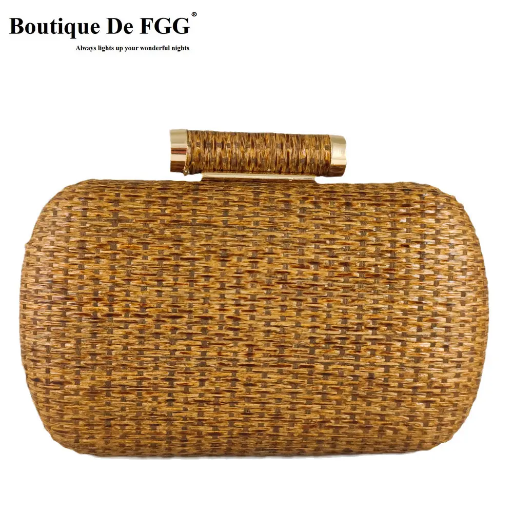 Butik De FGG słomiane damskie metalowe kopertówki z łańcuszkiem torby na ramię i Crossbody damskie Party Cockatail wieczorowa torebka z kopertówką plażową