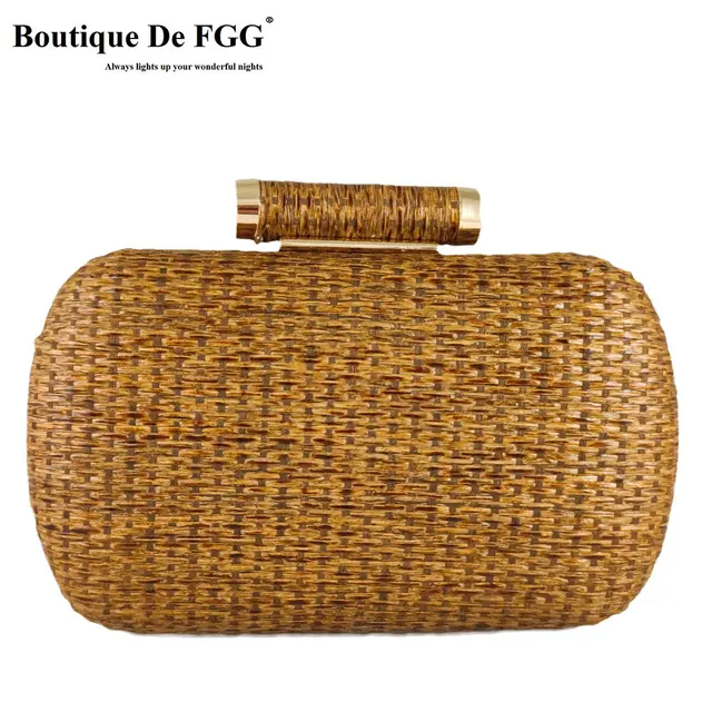 Butik De FGG słomiane damskie metalowe kopertówki z łańcuszkiem torby na ramię i Crossbody damskie Party Cockatail wieczorowa torebka z kopertówką plażową