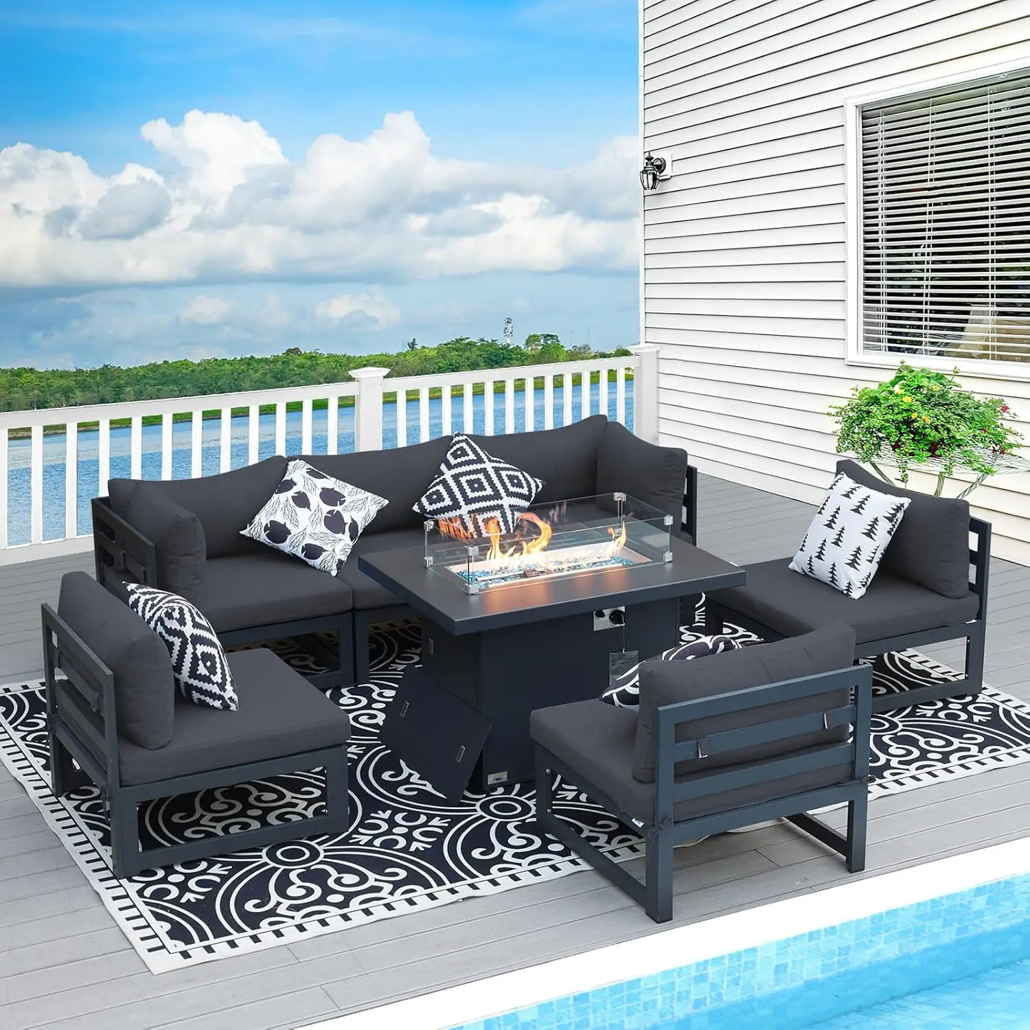 

7 Pieces Patio Furniture Set with Fire Pit Table Propane/Natural Gas Convertable,Depth Outdoor Luxury Conversation Sofa Set