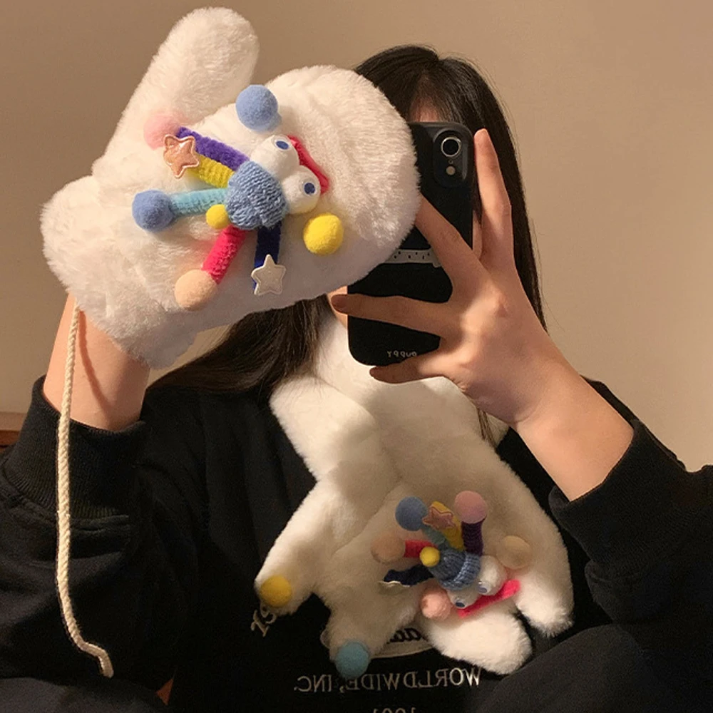 Nouveaux gants écharpe originaux mignons et en peluche épais chaud cyclisme cou suspendus gants pour l'hiver froid et coupe-vent femme étudiant cadeau