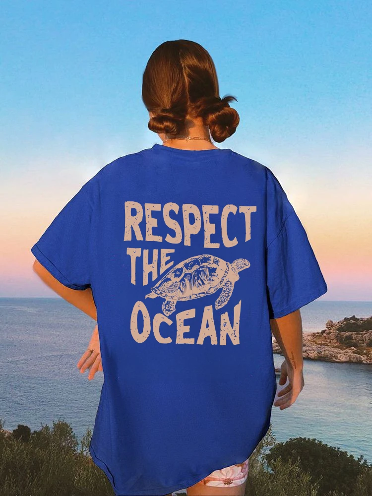 Respect The Ocean Sea Turtle Womans Cotton T-Shirts Vintage Casual Tee Clothes Personality Street O-Neck Tops Women Short Sleeve