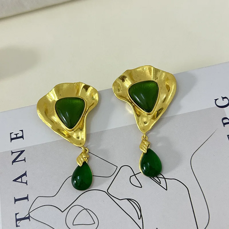 

Gold Plated Green Resin Dangling Earrings Women Irregular Design Party Jewelry Gift