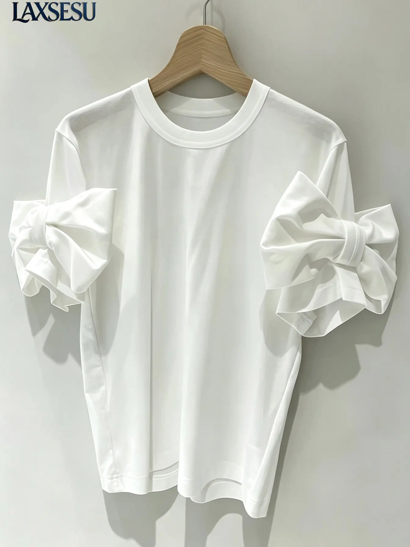 Summer Women's Tops White Tees Bow Sleeves Crew Neck Tee Short Sleeve T-Shirt Japanese Style Solid Color Loose T-shirts