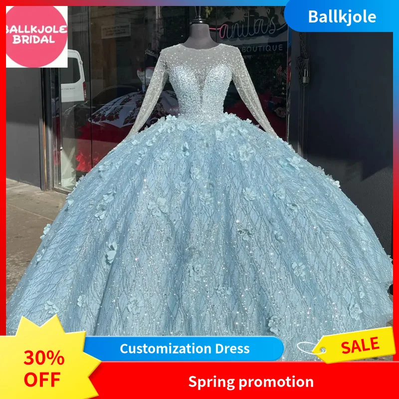 

2025 Luxury Crystals Beaded Long Sleeve Quinceañera Dresses 3d Floral Applique Sequins Ball Gown Vestidos De 15 Años