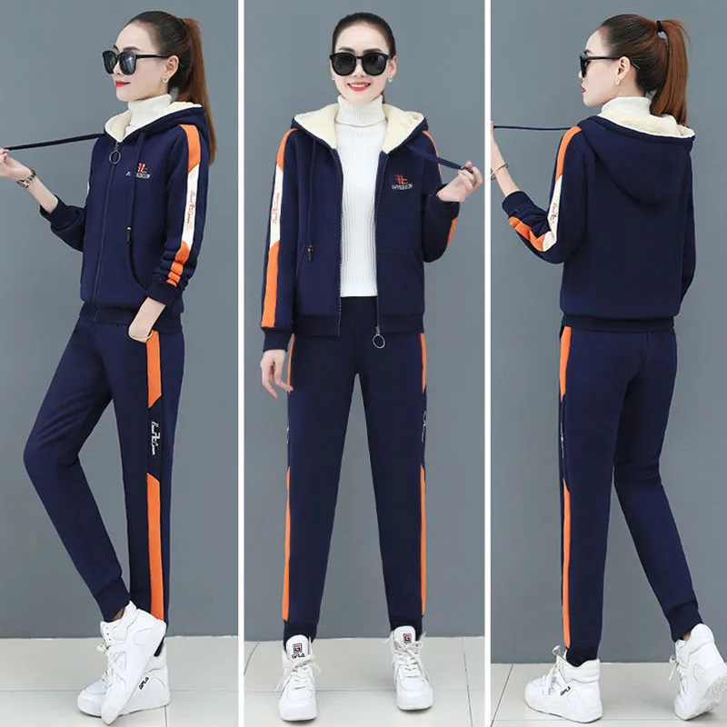 Winter Warm Velvet Lined 2 Piece Sets Women Thicken Hooded Zipper Sweatshirt Conjuntos Casual High Waist Harem Pants Tracksuit