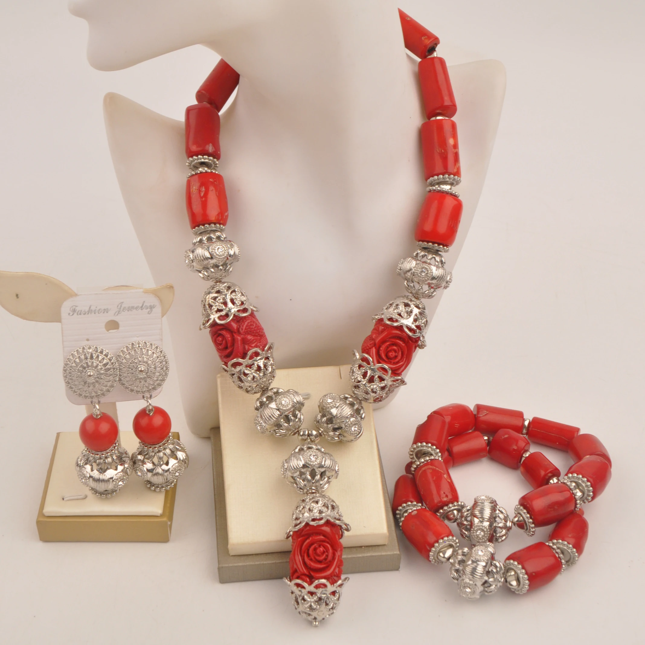 Natural Red coral Nigerian Wedding Necklace African fashion jewelry collection