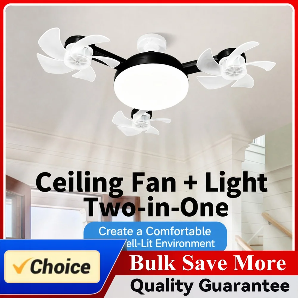 E27 Dimmable LED Socket Drone Fan Light 3-Speed Screw In Ceiling Fan Lamp 2 In 1 Hanging Fans for Bedroom Kitchen Working Space
