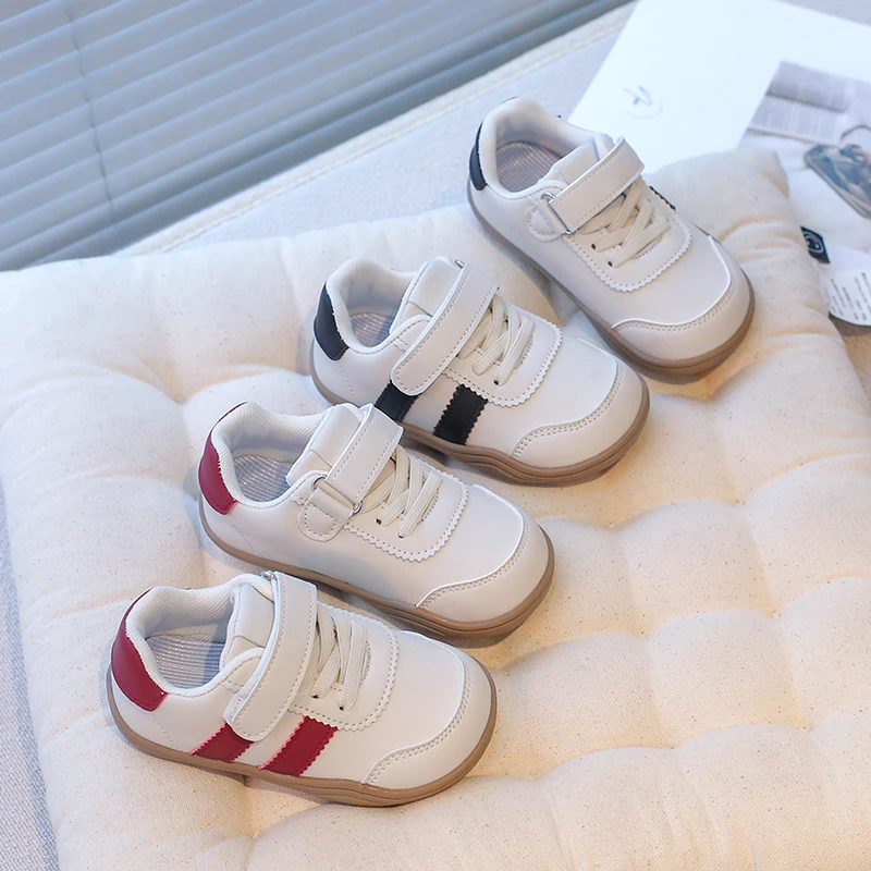 Toddler Retro Trainer Sneakers,  Hook Loop Strap Casual Walking Shoes, Soft Non Slip Rubber Sole Breathable White Black Stripe