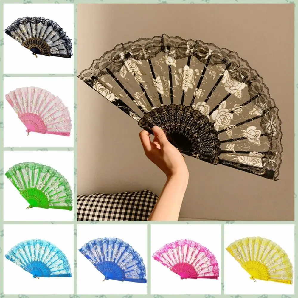 Craft Handheld Ladies Lace Hand Fan Plastic Handle Translucent Folding Fan Rose Pattern Spanish Fan Dance Prop