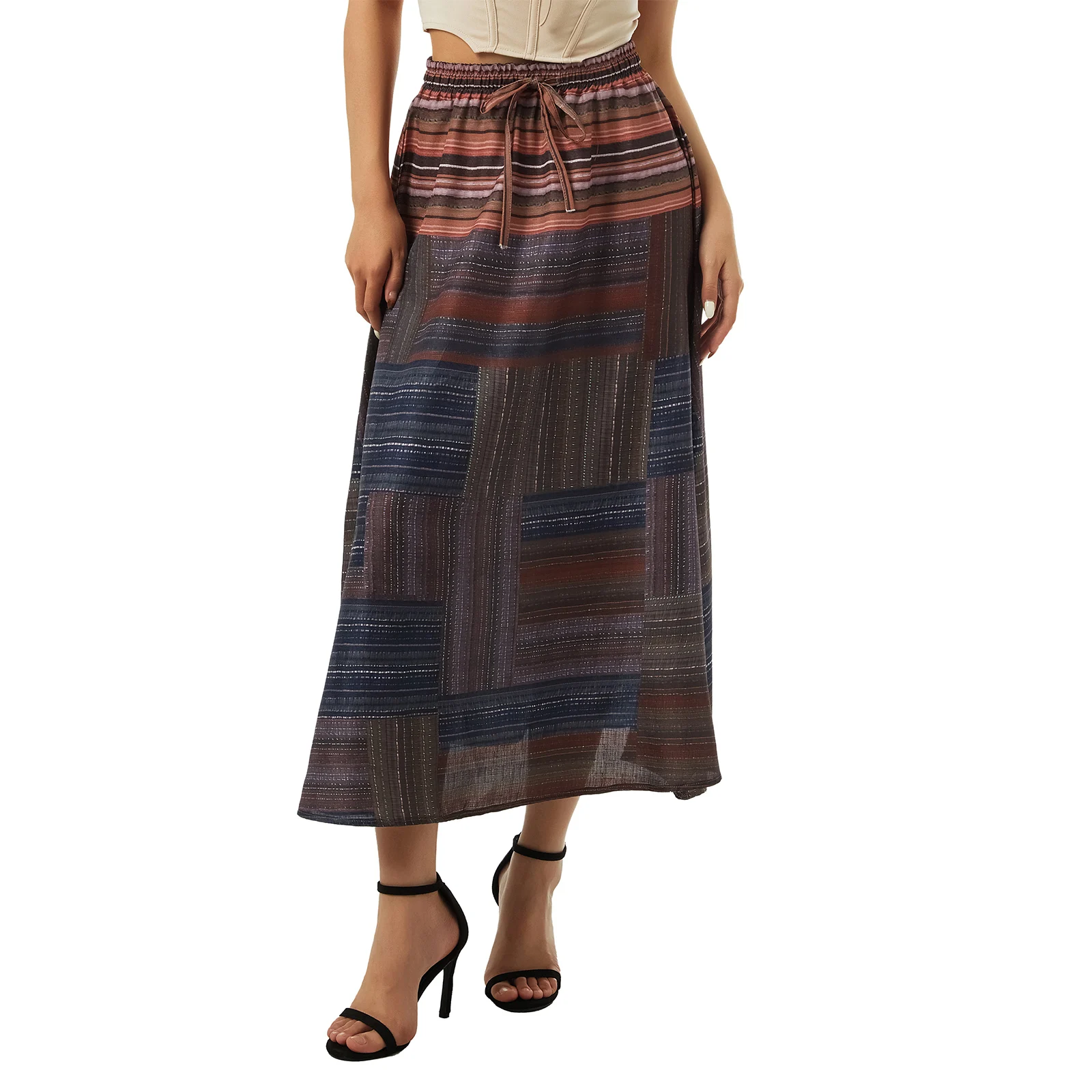 

Women's Clothing Summer Trendy Long Skirts, Vintage Elegant Stripes Print Bohemian Style High Waist Skirt Beachwear