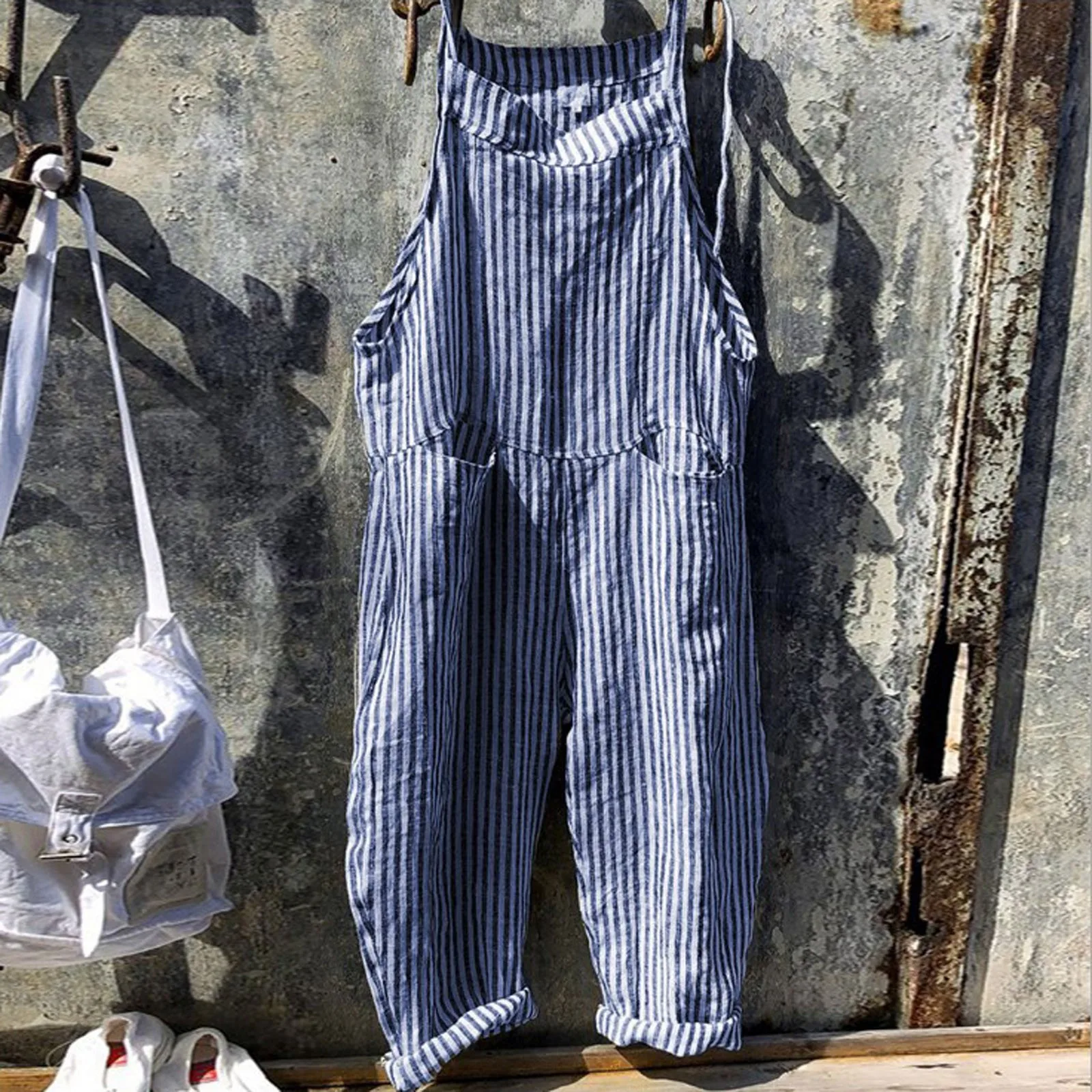 

Women's Summer Beach Suspender Trousers Rayon Striped Wide-Leg Jumpsuit Casual Pocket Sleeveless Relaxed One-Piece Bib Pants