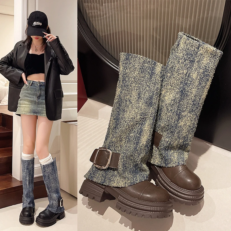 High Appearance Level Thick Soled Denim Sleeve Color Matching Fashion All Comfortable Non-slip Breathable Fashion Women's Boots