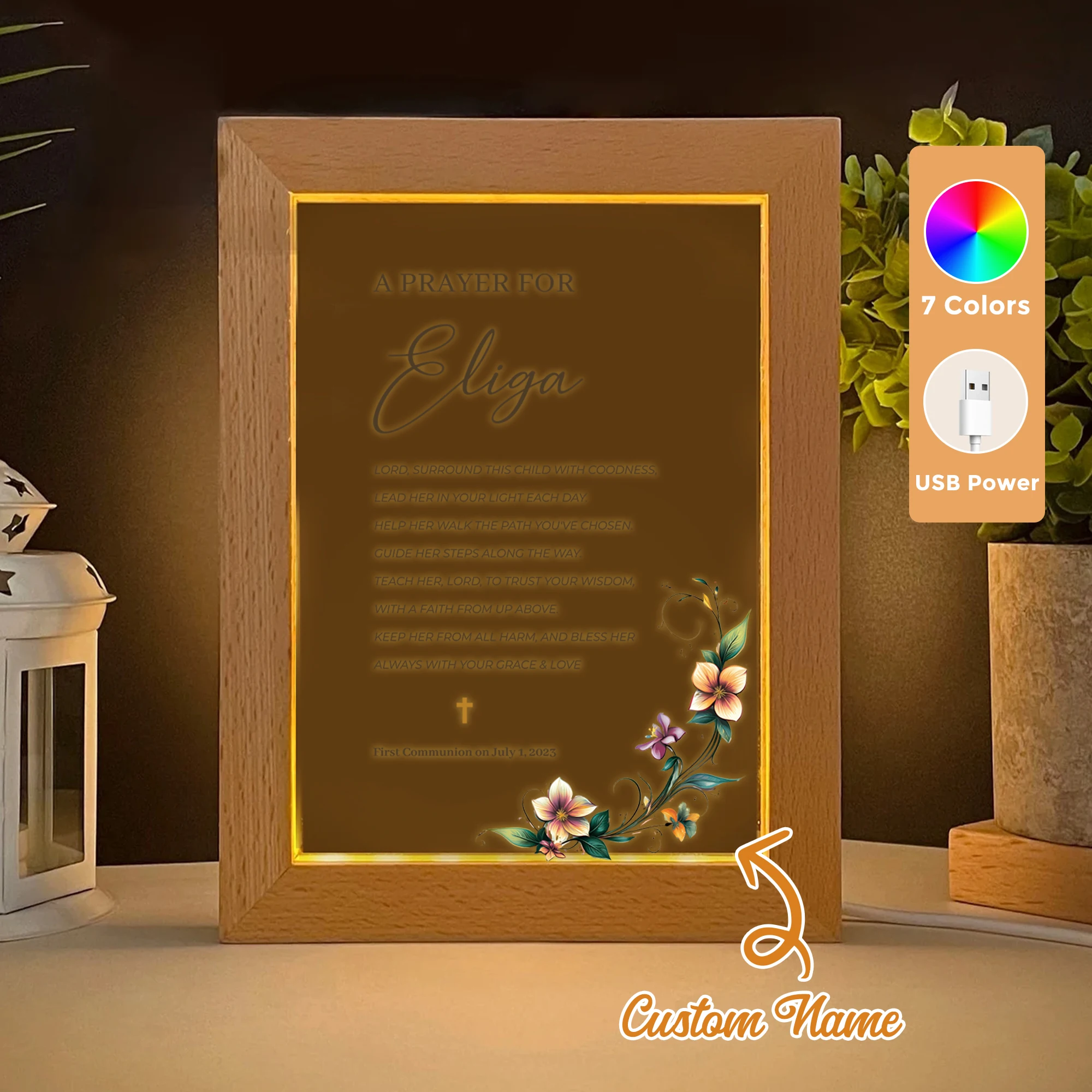 Marco de fotos de madera con luz nocturna acrílica LED de comunión cristiana con nombre personalizado plano 2D, 21x17cm, regalos para dormitorio familiar, decoración del hogar